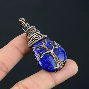 Драгоценный камень лазурит ручной работы из чистой медной проволоки, завернутый в подвеску, ювелирное изделие на День Благодарения 2.56 Inches синий