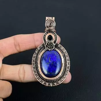 Драгоценный камень лазурит ручной работы из чистой медной проволоки, завернутый в подвеску, ювелирное изделие на День Благодарения 3.35 Inches синий