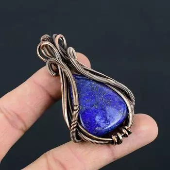 Драгоценный камень лазурит ручной работы из чистой медной проволоки, ювелирные изделия, ослепительный кулон 2.87 Inches синий