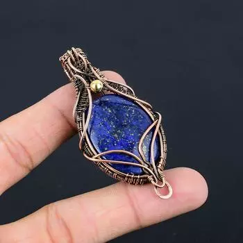 Драгоценный камень лазурит ручной работы из чистой медной проволоки, завернутый в подвеску, ювелирное изделие на День Благодарения 2.83 Inches синий