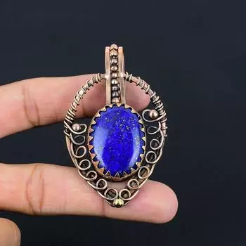 Драгоценный камень лазурит ручной работы из чистой медной проволоки, завернутый в подвеску, ювелирное изделие на День Благодарения 2.83 Inches синий