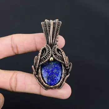 Драгоценный камень лазурит ручной работы из чистой медной проволоки, завернутый в подвеску, ювелирное изделие на День Благодарения 2.82 Inches синий