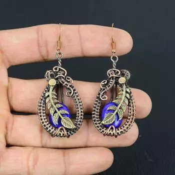 Драгоценный камень лазурит, серьги ручной работы из чистой медной проволоки, ювелирные изделия на День Благодарения 2.56 Inches синий