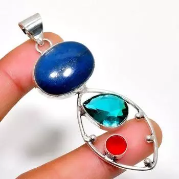 Драгоценный камень Лазурит Синий Топаз 925 Посеребренная Ювелирная Подвеска 2,65 дюйма 2.65 синий