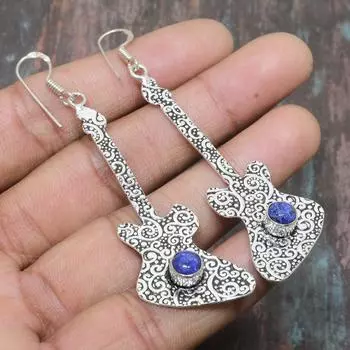 Драгоценный камень лазурит, твердые серьги из стерлингового серебра 925 пробы, удивительные ювелирные серьги ручной работы для нее 2.96 Inches синий