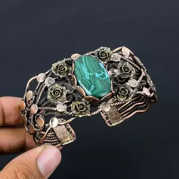 Драгоценный камень малахит, чистая медная проволока, завернутая в манжеты/браслет ручной работы, ювелирный подарок для нее Adjustable зелёный