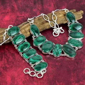 Драгоценный камень малахит, комплект ювелирных изделий из браслета и ожерелья из стерлингового серебра 925 пробы для нее, комплект ювелирных изделий ручной работы нового дизайна для женщин Adjustable With 8 -18 зелёный