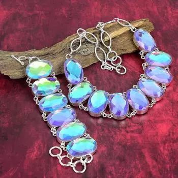 Драгоценный камень мистический топаз, стерлинговое серебро 925 пробы, комплект ювелирных изделий для ожерелья и браслета, красивые ювелирные изделия ручной работы новейшего дизайна для нее Adjustable With 8 -18 белый