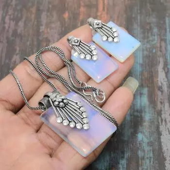 Драгоценный камень молочного опала ручной работы из стерлингового серебра 925 пробы, ожерелье + серьги, комплект ювелирных изделий синий