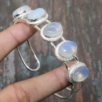 Драгоценный камень молочного опала ручной работы, твердый браслет из стерлингового серебра 925 пробы, регулируемый браслет-манжета Adjustable синий