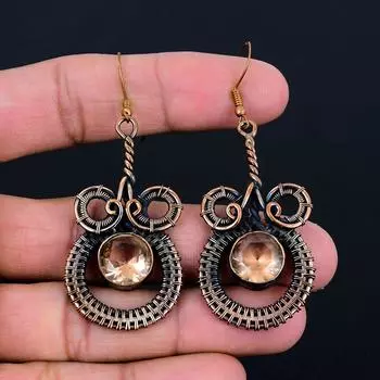 Драгоценный камень морганит, серьги ручной работы из чистой медной проволоки, обернутые ювелирными изделиями на День Благодарения 2.56 Inches оранжевый