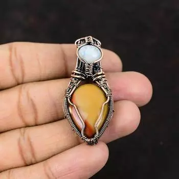 Драгоценный камень Мукаит Медный кулон Медная проволока Ювелирные изделия Медные украшения Радужный лунный камень Кулон из драгоценного камня Подвеска ручной работы Подарок для него