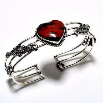 Драгоценный камень обсидиан из красного дерева 925 пробы, посеребренный браслет-манжета ручной работы
