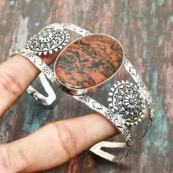 Драгоценный камень обсидиан из красного дерева, стерлинговое серебро 925 пробы, удивительные ювелирные изделия ручной работы, регулируемый браслет-манжета Adjustable коричневый