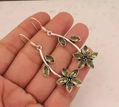 Драгоценный камень перидот, дизайнерские женские серьги ручной работы, висячие серьги, камень в подарок, серебряные очаровательные ювелирные изделия, серьги с ободом, Рождественский подарок