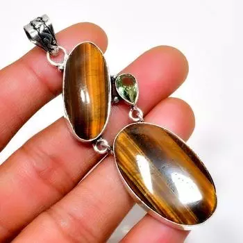 Драгоценный камень Перидот Тигровый Глаз 925 Посеребренная Ювелирная Подвеска ручной работы 3,03 дюйма 3.03 жёлтый