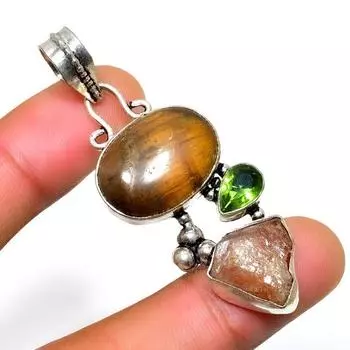 Драгоценный камень Перидот Тигровый Глаз 925 Посеребренная Ювелирная Подвеска ручной работы 2,08 дюйма 2.08 жёлтый