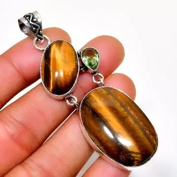 Драгоценный камень Перидот Тигровый Глаз 925 Посеребренная Ювелирная Подвеска ручной работы 2,65 дюйма 2.65 жёлтый