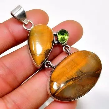 Драгоценный камень Перидот Тигровый Глаз 925 Посеребренная Ювелирная Подвеска ручной работы 2,27 дюйма 2.27 жёлтый