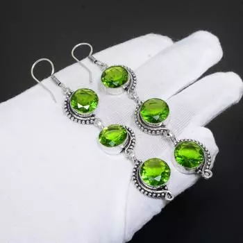 Драгоценный камень перидот, ювелирные изделия из стерлингового серебра 925 пробы, серьги с перидотом, серьги с перидотом для женщин, ювелирные изделия для подарков, ювелирные изделия ручной работы, серьги 2.55 зелёный