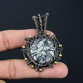 Драгоценный камень Пинолит ручной работы из чистой медной проволоки, ювелирные изделия, ослепительный кулон для женщин 2.40 Inches серый