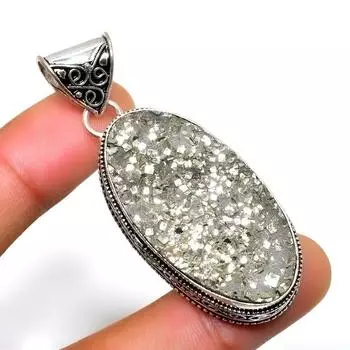 Драгоценный камень Пирит Друзы 925 пробы, посеребренный, ювелирный кулон ручной работы 2,08 дюйма 2.08 золотистый
