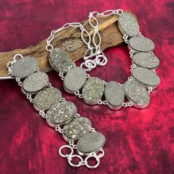Драгоценный камень Пирит Друзы, Ювелирные изделия из стерлингового серебра 925 пробы, браслет и ожерелье, серебряный комплект ювелирных изделий ручной работы, подарок для женщин, ювелирные изделия новейшего дизайна Adjustable With 8 -18 коричневый