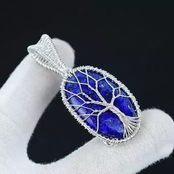 Драгоценный камень-подвеска из лазурита, подвеска из стерлингового серебра 925 пробы ручной работы, ювелирные изделия из лазурита в проволочной обертке, ювелирные изделия из проволочной обмотки «Древо жизни» 2.16 синий