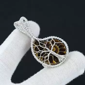 Драгоценный камень-подвеска с аммонитом, подвеска из стерлингового серебра 925 пробы ручной работы, ювелирные изделия из аммонитовой проволоки, ювелирные подвески из аммонитового древа жизни, подарки 2.16 коричневый