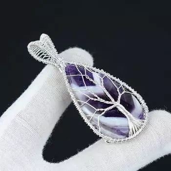 Драгоценный камень-подвеска с шевроном и аметистом, подвеска из стерлингового серебра 925 пробы ручной работы, ювелирные изделия из серебряной проволоки, ювелирные изделия из проволочной обмотки «Древо жизни» 2.16