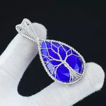Драгоценный камень-подвеска с синим сапфиром, подвеска из стерлингового серебра 925 пробы ручной работы, ювелирные изделия из грушевидного сапфира в проволочной обертке, ювелирные изделия из проволочной обертки «Древо жизни» 2.16 синий