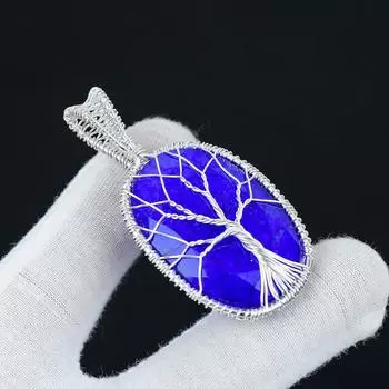 Драгоценный камень-подвеска с синим сапфиром, подвеска из стерлингового серебра 925 пробы ручной работы, ювелирные изделия из сапфировой проволоки, ювелирные изделия Древо жизни из проволоки 2.16 синий