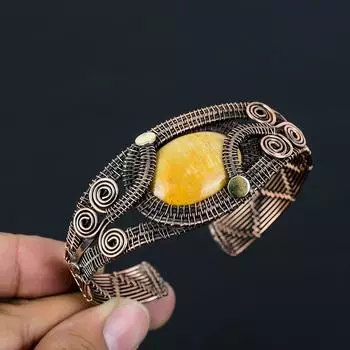 Драгоценный камень яшма, чистая медная проволока, завернутая в манжеты/браслет ручной работы, ювелирные изделия Adjustable жёлтый