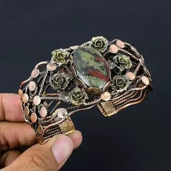 Драгоценный камень яшма с кровью дракона, чистая медная проволока, регулируемые манжеты/браслет ручной работы, ювелирные изделия Adjustable зелёный