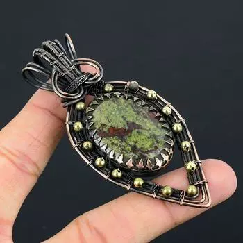 Драгоценный камень яшма с кровью дракона, чистая медная проволока, завернутая в изящную подвеску ручной работы, ювелирное изделие 3.54 Inches зелёный