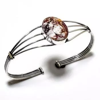 Драгоценный камень яшма с серебряным листом 925 пробы, посеребренный браслет-манжета ручной работы с ювелирным покрытием