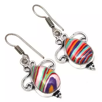 Драгоценный камень радужной калсилики в подарок для нее серебряные серьги 1,5 дюйма