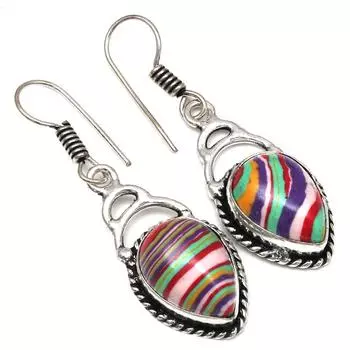 Драгоценный камень радужной калсилики в подарок для нее, серебряные серьги 1,75 дюйма