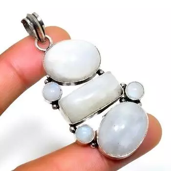 Драгоценный камень Радужный лунный камень 925 посеребренный кулон ручной работы 2,27 дюйма 2.27 белый