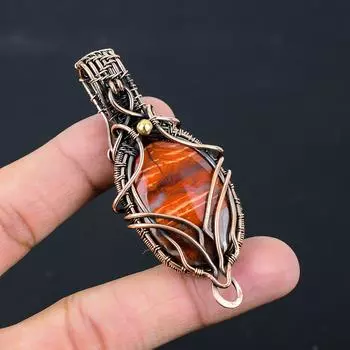 Драгоценный камень Red River Jasper из чистой медной проволоки, обернутый кулоном ручной работы 2.95 Inches красный