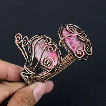 Драгоценный камень родонит, чистая медная проволока, завернутая в манжеты/браслет ручной работы, ювелирные изделия для нее Adjustable розовый