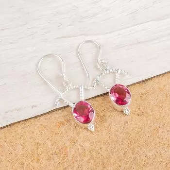 Драгоценный камень Розовый Турмалин Ювелирные изделия из стерлингового серебра 925 ручной работы Серьги 1,50 EE-51-18