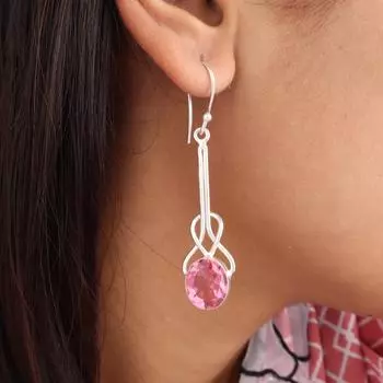 Драгоценный камень Розовый Турмалин Ювелирные изделия из стерлингового серебра 925 пробы Ручной работы Серьги 1,76 EE-171-13