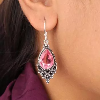 Драгоценный камень Розовый Турмалин Ювелирные изделия из серебра 925 пробы Серьги 1,9 Подарок для мамы EE-85-18