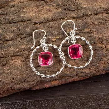 Драгоценный камень Розовый Турмалин Ювелирные изделия из стерлингового серебра 925 пробы Ручной работы Серьги 1.60 EE-60-17