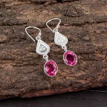 Драгоценный камень Розовый Турмалин Ювелирные изделия из стерлингового серебра 925 ручной работы Серьги 1,70 EE-8-18