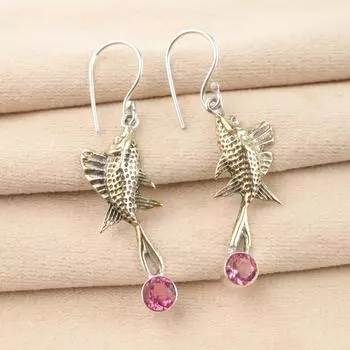 Драгоценный камень Розовый Турмалин Ювелирные изделия из серебра 925 пробы Серьги ручной работы 2,17 EE-148-16