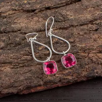 Драгоценный камень Розовый Турмалин Серебро 925 пробы Украшения ручной работы Серьги 1,90 EE-7-17