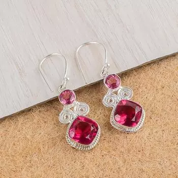 Драгоценный камень Розовый Турмалин Серебро 925 пробы Изделия ручной работы Серьги 1.12 EE-69-17