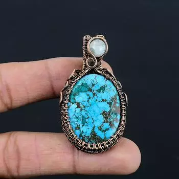 Драгоценный камень ручной работы с бирюзой и лунным камнем из чистой медной проволоки, завернутый в замечательную ювелирную подвеску 2.56 Inches синий